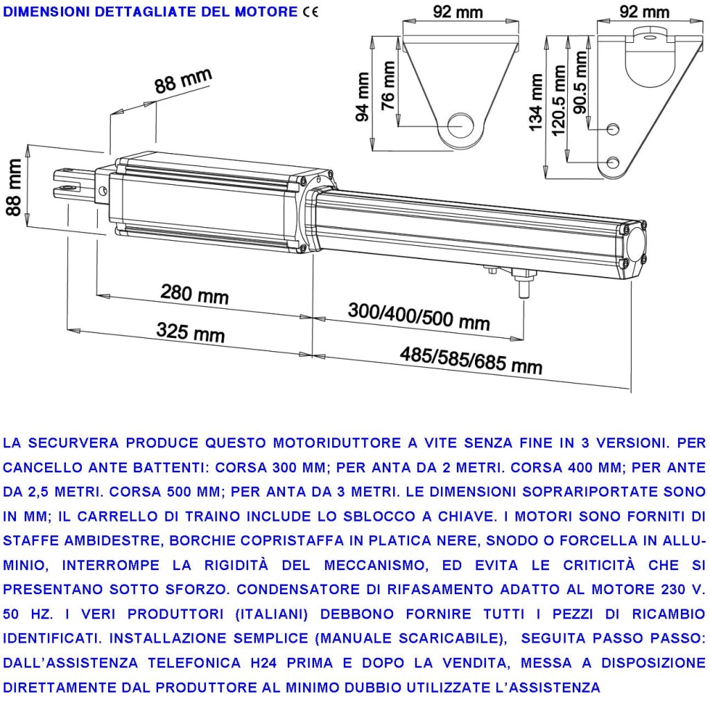 Pistoni Cancello Automatico 4 Metri 2 Ante 2 Motoriduttori di Ricambio 220 V Corsa 300 mm Spinta 2 Q.li 2 Condensatori 16 µF Kit Staffe Chiave Sblocco sul Carrello di Traino Compatibili a Qualsiasi Elettronica BTF Poteco Misure 810X88X88 mm