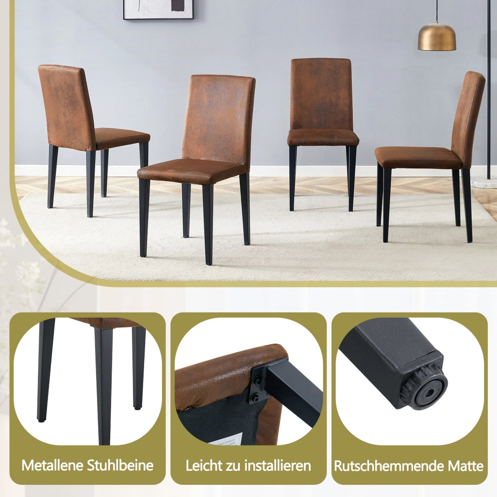 Sedie da sala da pranzo set da 4 con schienale ergonomico e gambe in metallo, tessuto marrone e nero moderne