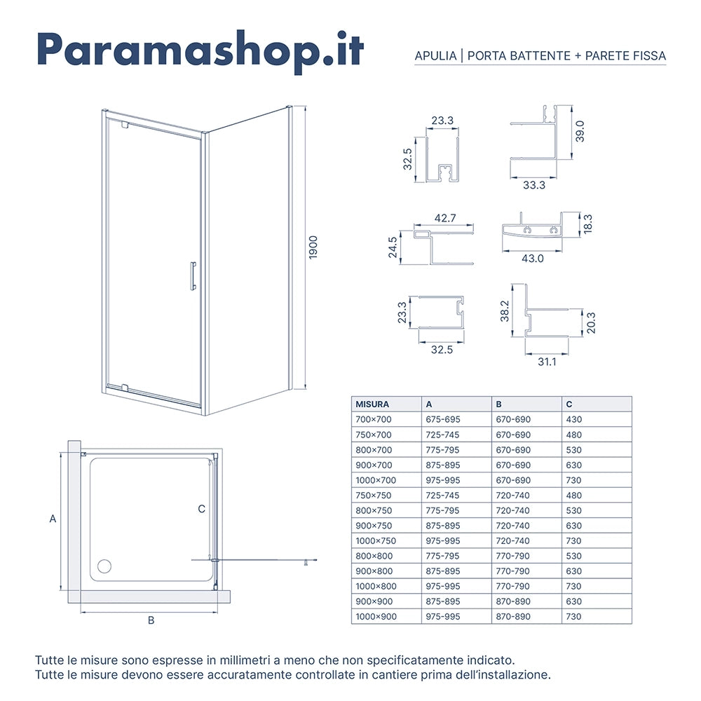 Box doccia 75x90 cm angolare apertura a battente vetro 6mm opaco | Apulia