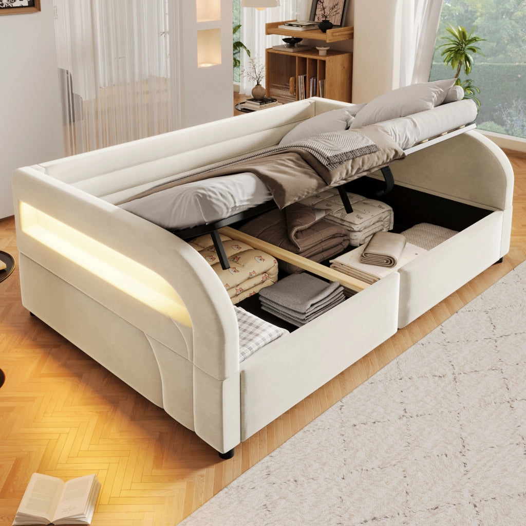 DESMIU Lit con contenitore 140 × 200 cm 2 posti con apertura idraulica, LED, senza materasso, in flanella, beige