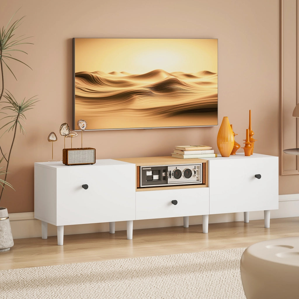 Mobile TV con Ante a Ribalta, Cassetto e Scaffale Aperto ¨C Minimal ¨C Bianco e Legno 150x35x45 cm