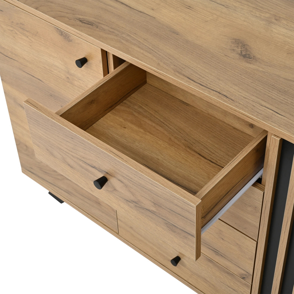 CREDENZA 120x38x75 cm MDF Nero e Legno con 4 Cassetti e 2 Ante