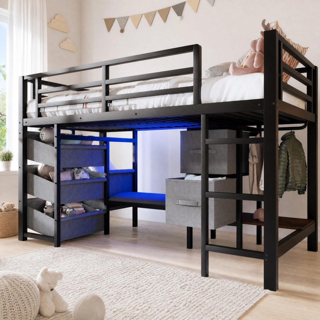 LETTO a metà altezza 90x200 cm Metallo Nero con cuscino, LED e vani portaoggetti