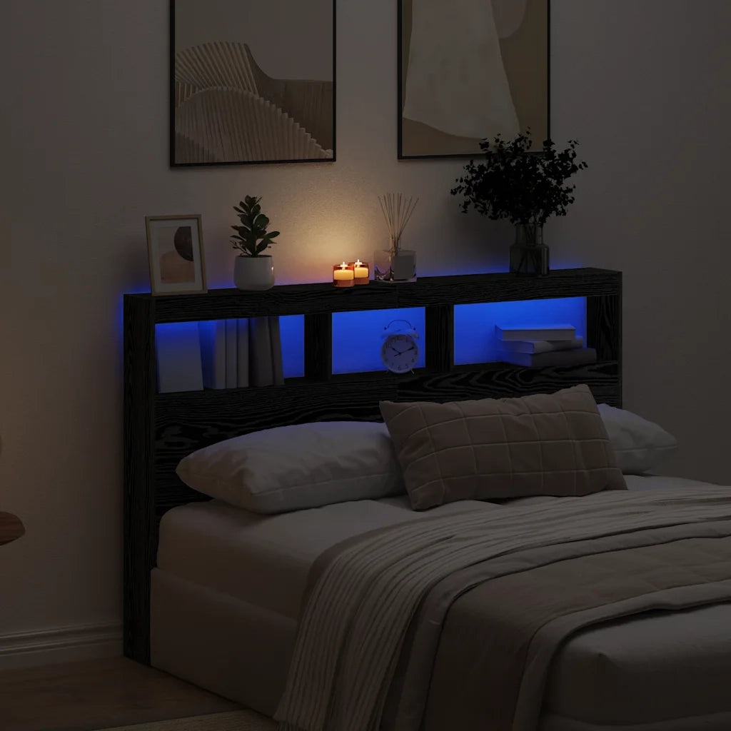 Testiera | Testata con Contenitore a LED Rovere Nero 160x17x102 cm