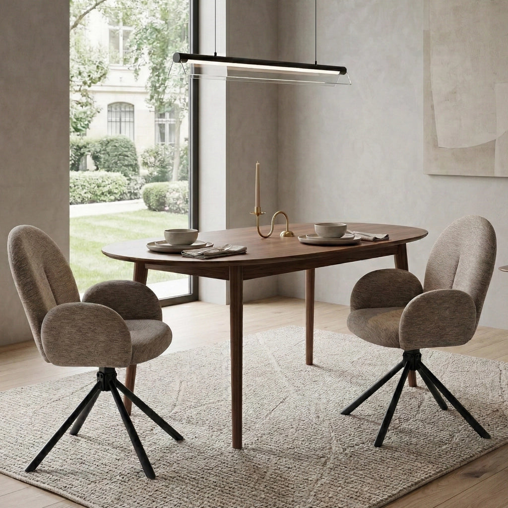 Set di 2 sedie da pranzo girevoli con braccioli, seduta effetto velluto, gambe in metallo nero, colore taupe