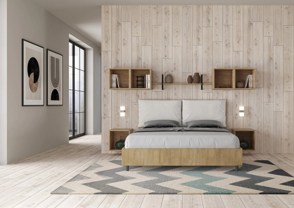 BS COM Letto matrimoniale contenitore 160x190 Quercia cuscini similpelle bianco