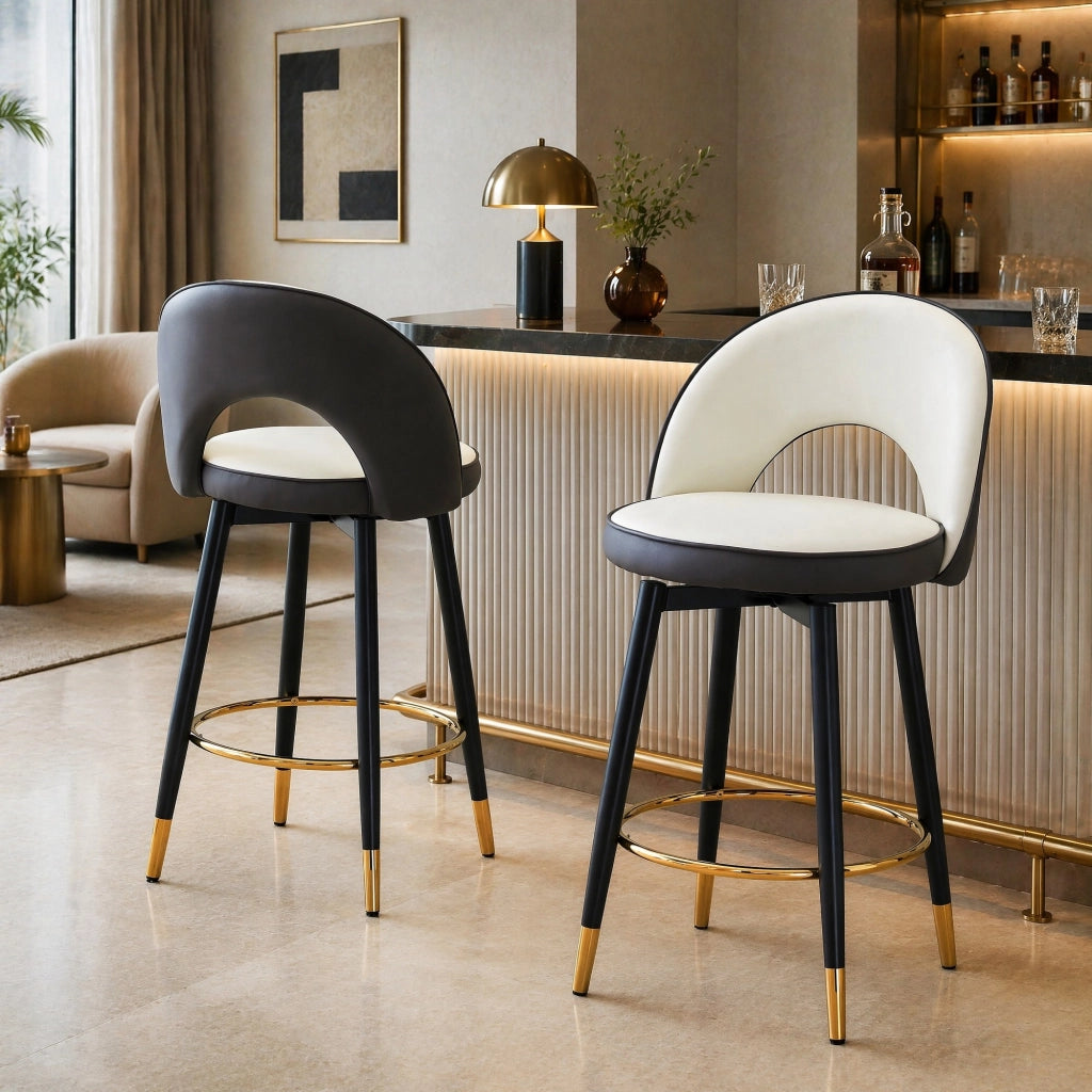Sgabello bar girevole a 360° con schienale traforato, seduta bicolore grigio scuro e bianco, struttura in metallo e rivestimento in PU