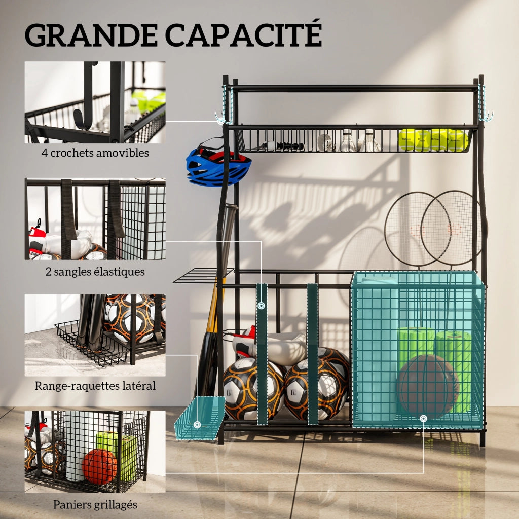 Portaoggetti Attrezzature Sportive ¨C Xylo ¨C con Cestini Ganci Cinghie 92x42x109cm Nero