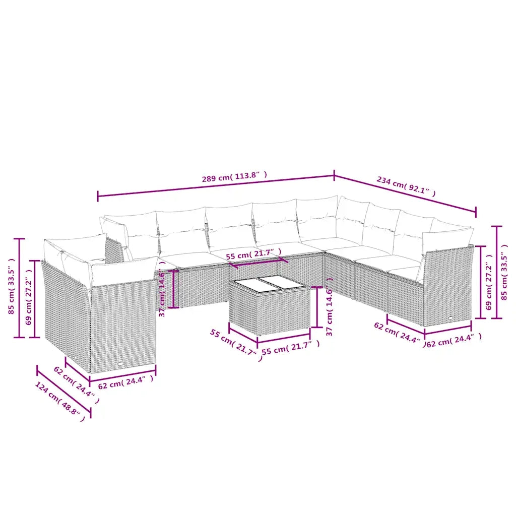 Set Divani da Giardino 11 pz con Cuscini Polyrattan Marrone 3217873