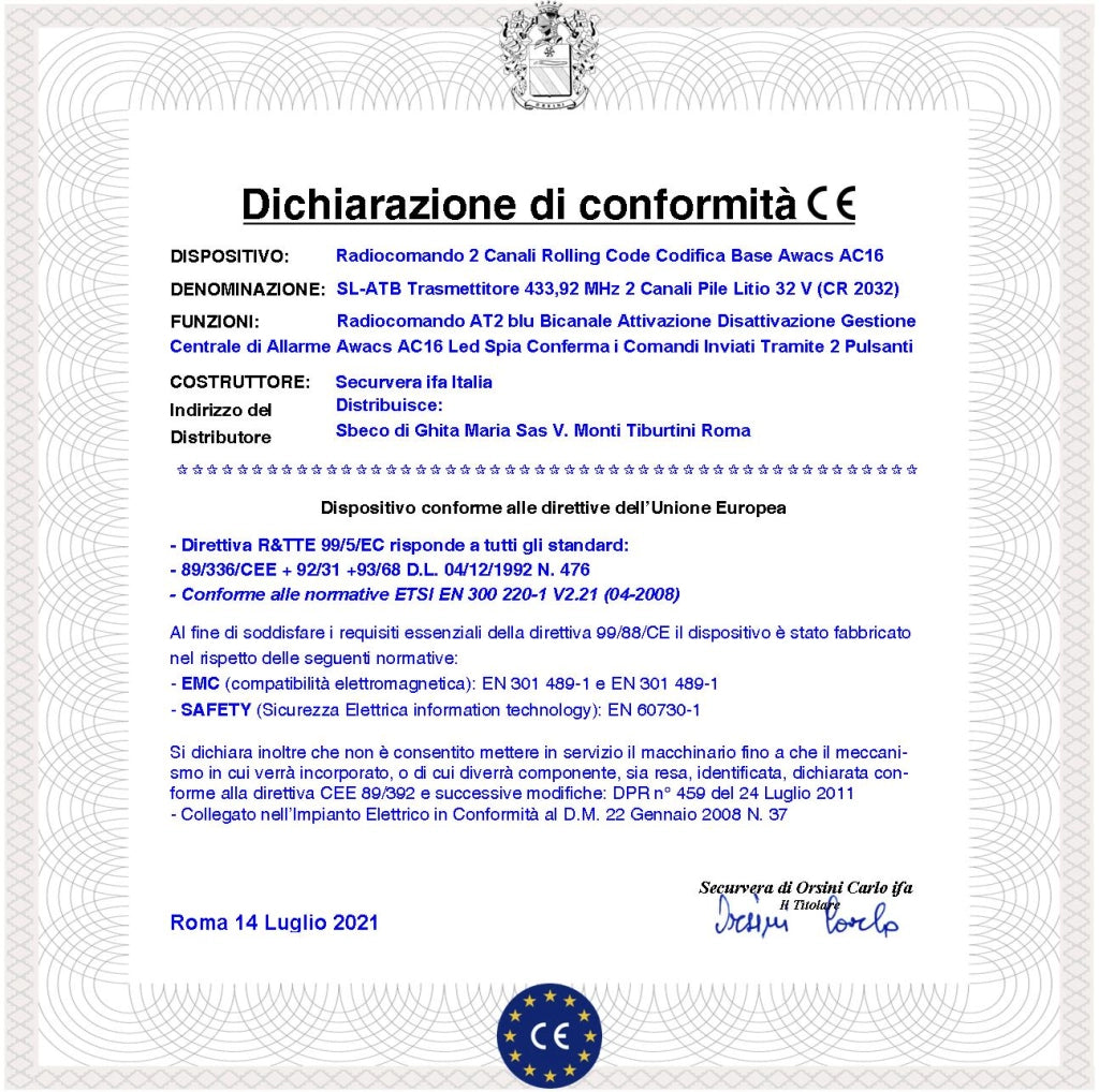 Telecomando 2 Pezzi AT2 blu Bicanale 2 Pulsanti Nero e Rosso Codici Univoci Trasmette Frequenza 433,92 MHz Gestione Della Centrale di Allarme Awacs AC16 CR2032