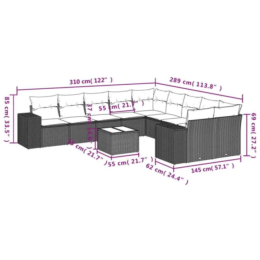 Set Divani da Giardino 11 pz con Cuscini in Polyrattan Nero 3255453