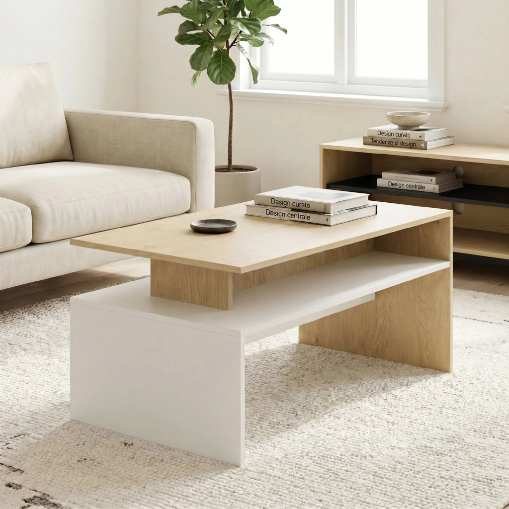 Tavolino da Salotto Bicolore con Mensola Asimmetrica ¨C zephmum ¨C Legno Naturale e Bianco 95x55x50 cm