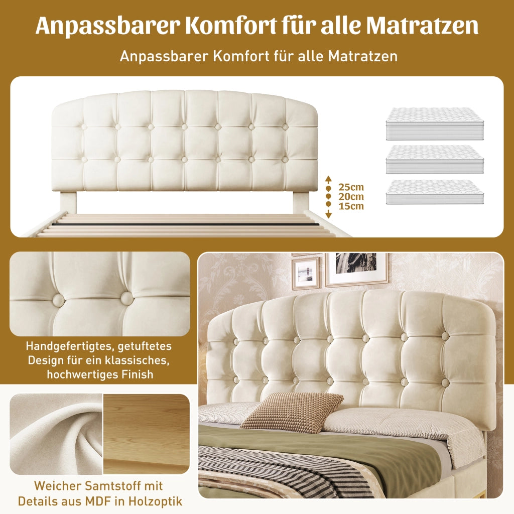 DESMIU Letto matrimoniale 140 × 200 cm 2 posti con testiera regolabile, cassetti e contenitore, senza materasso, beige