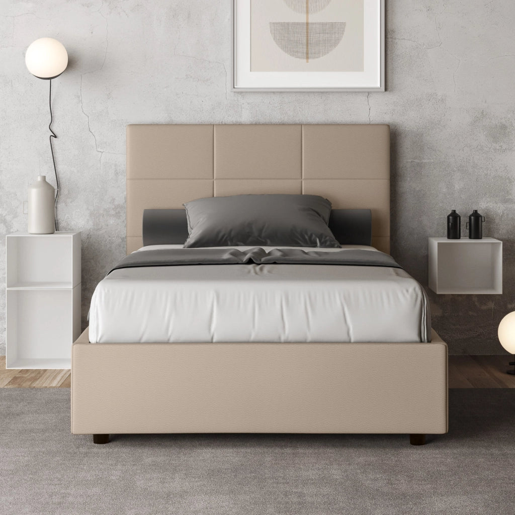 BS COM Letto una piazza e mezza con rete imbottito 130x200 similpelle tortora
