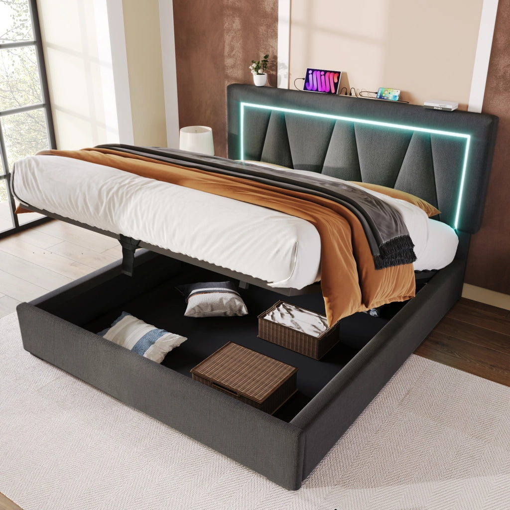 Letto contenitore matrimoniale 140×200 cm con testiera regolabile; USB; Type-C; LED; materasso incluso; grigio