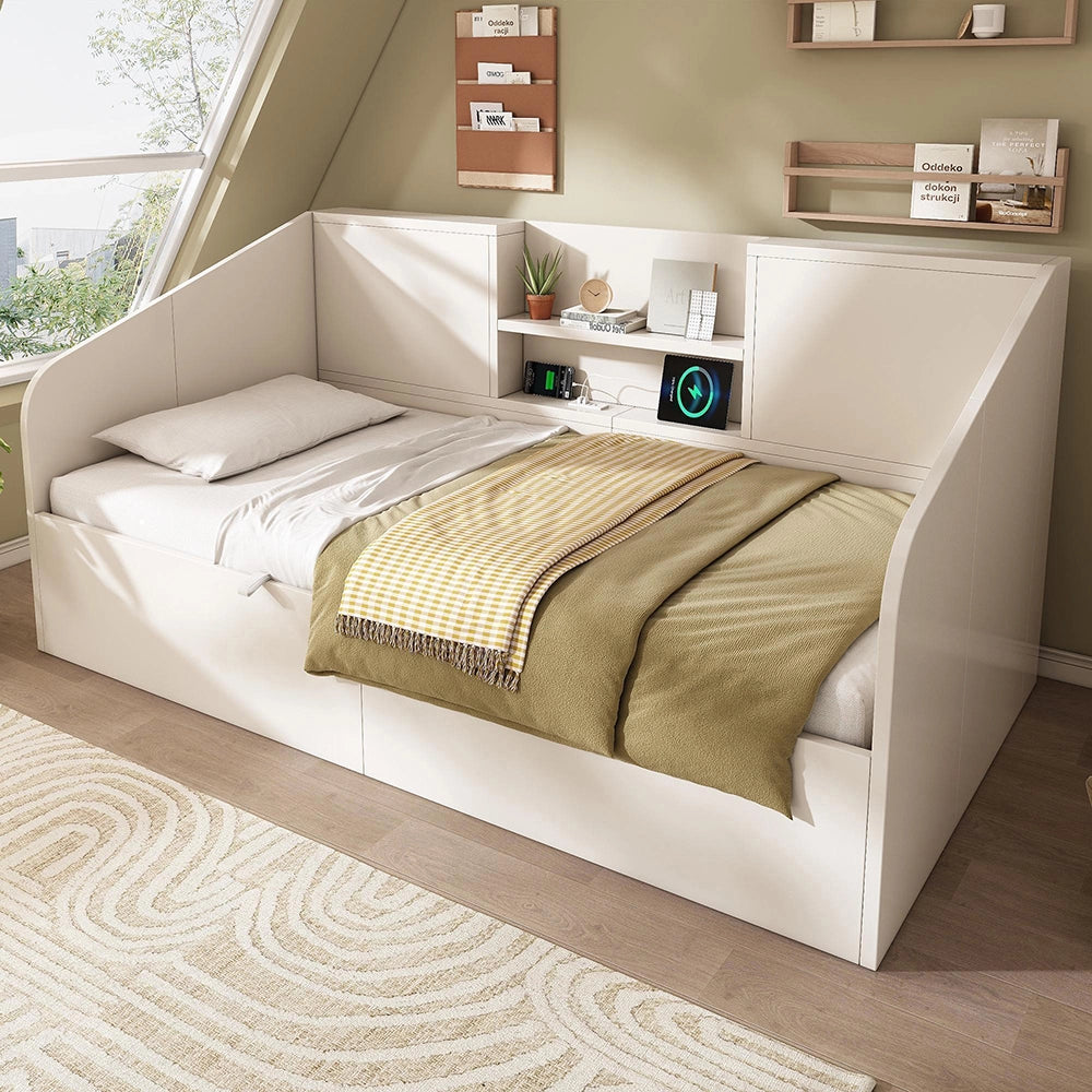 Letto giorno-Xylo-90x190cm legno 2 ripiani USB idraulico bianco senza materasso