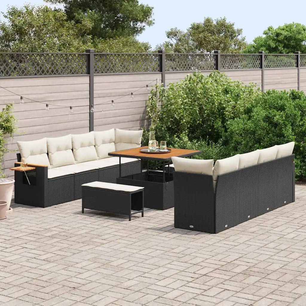 Set Divano da Giardino 12 pcs Nero e Crema polyrattan