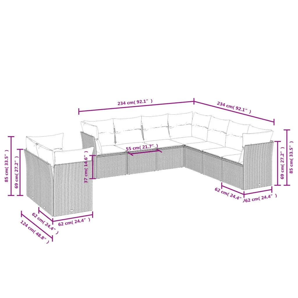 Set Divano da Giardino 9pz con Cuscini Grigio Chiaro Polyrattan