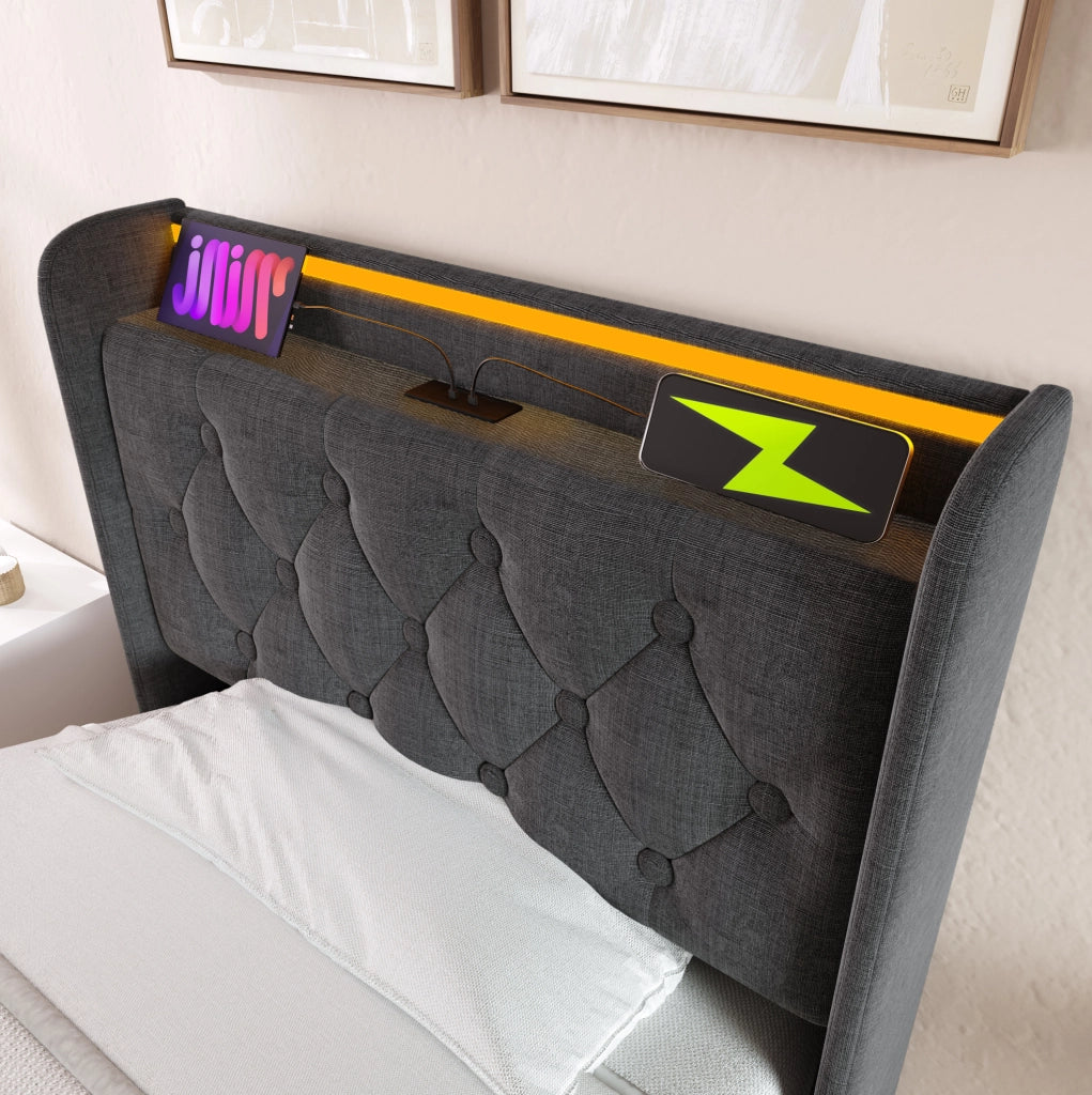 Letto imbottito 90x200 cm con LED, USB e materasso incluso