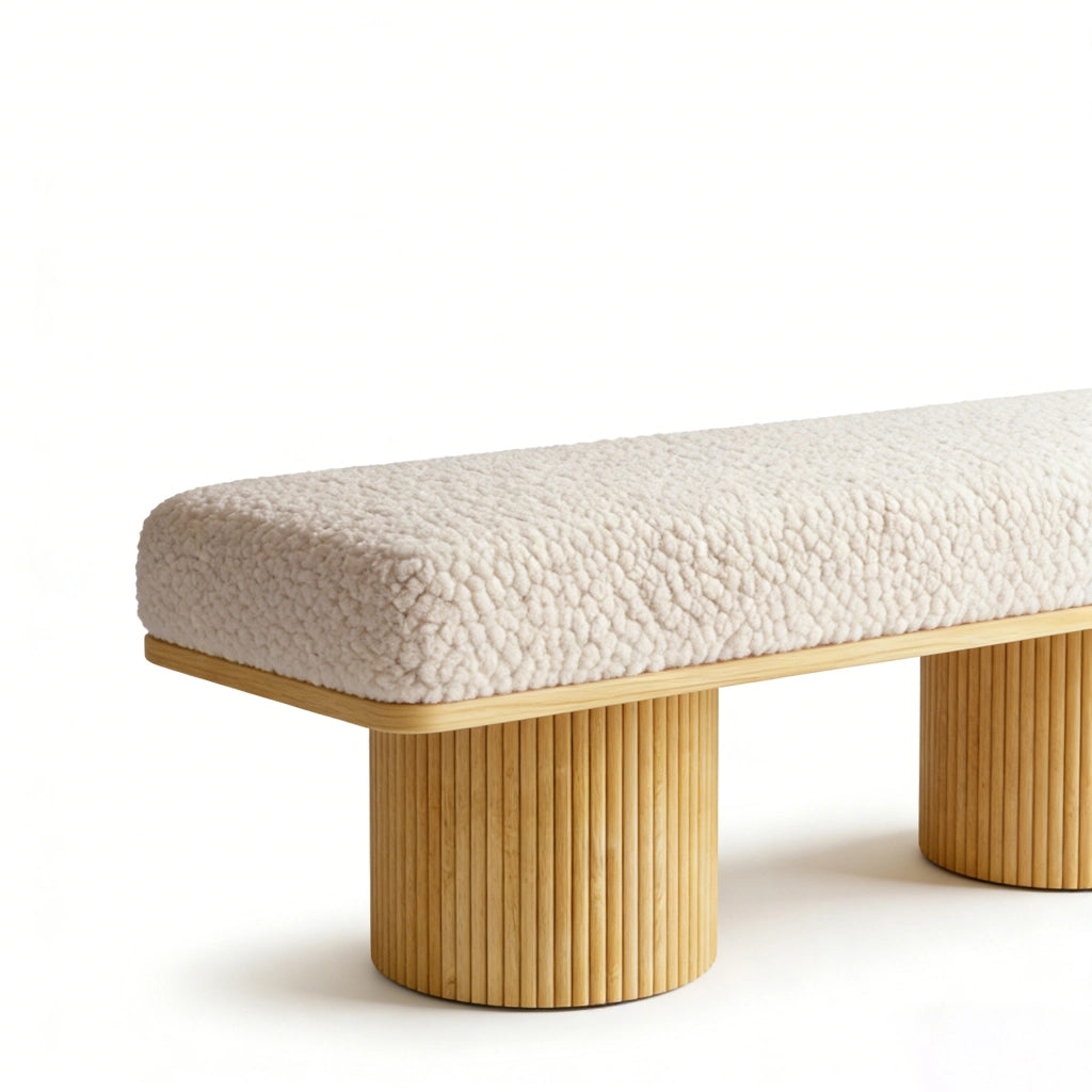 Panca imbottita 122 cm en teddy fleece con base in legno massiccio, seduta morbida per ingresso e camera, naturale