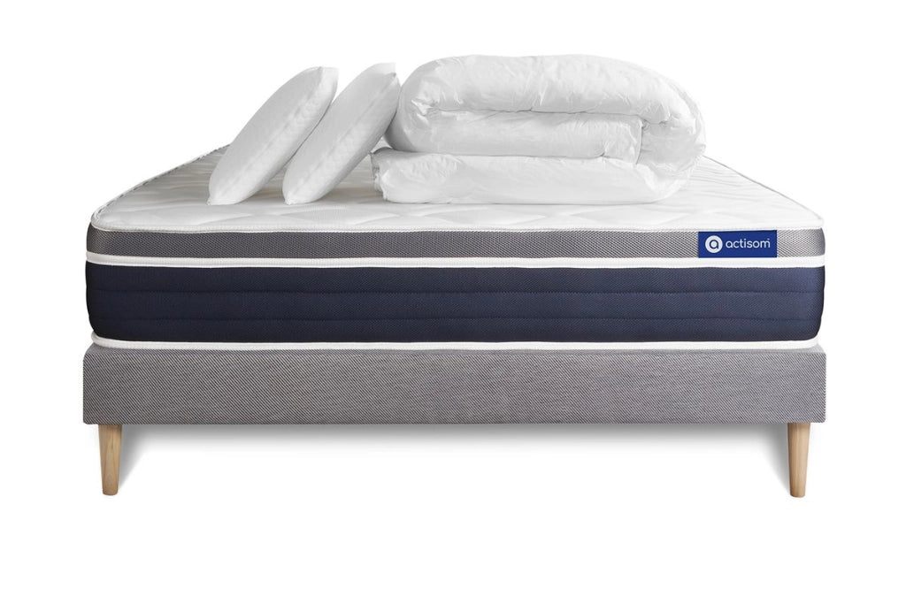 Pacchetto letto completo - Materasso 140x190cm + Box spring con doghe (in kit) + 2 cuscini + Piumino - Actiflex Confort