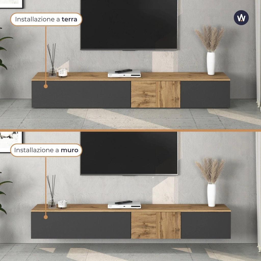 WHOUS Mobile porta TV sospeso Iseo con 2 ante e 1 ribalta antracite opaco e rovere 200x35x30 cm