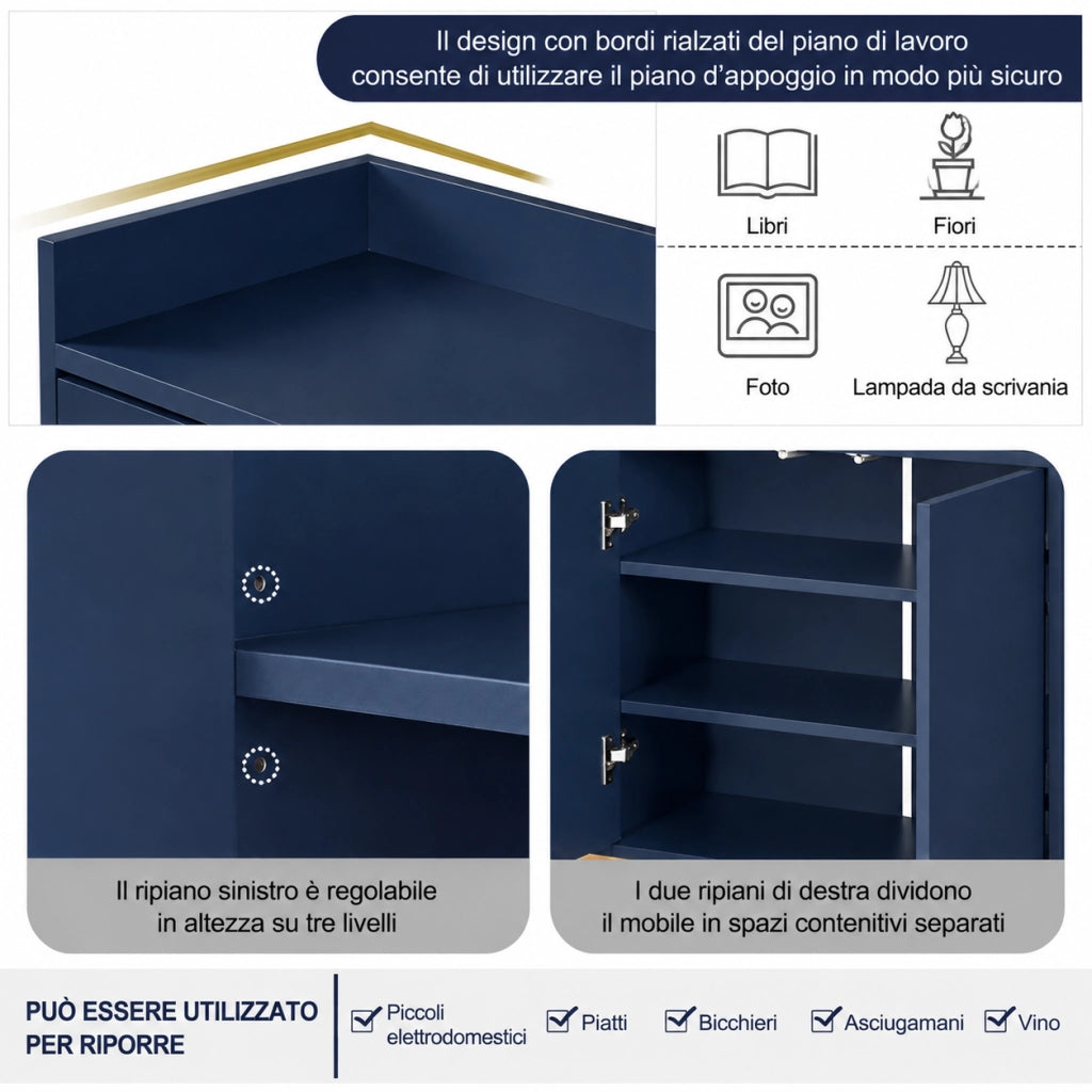 Credenza buffet 120cm blu marino, mobile soggiorno pannello di particelle con base metallo oro, 4 ante push‑to‑open, ripiani regolabili per sala da pranzo ingresso