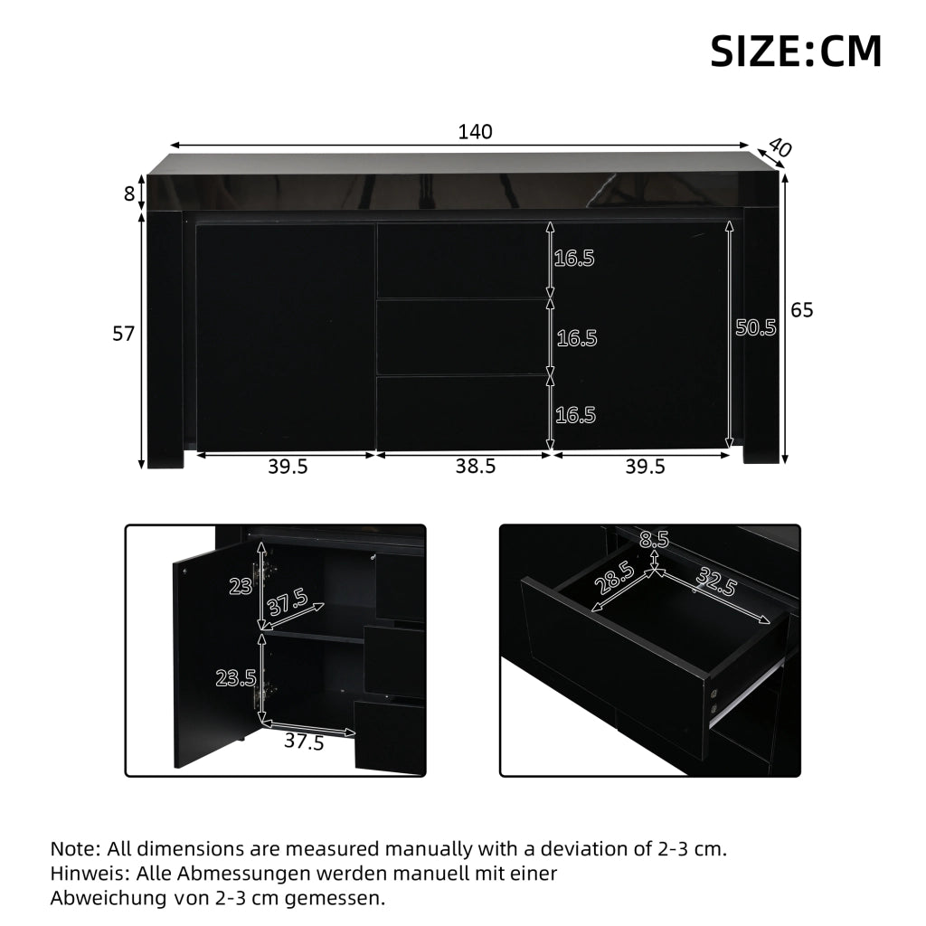 MADIA 140x40x65 cm MDF Nero Lucido con LED 2 Ante e 3 Cassetti