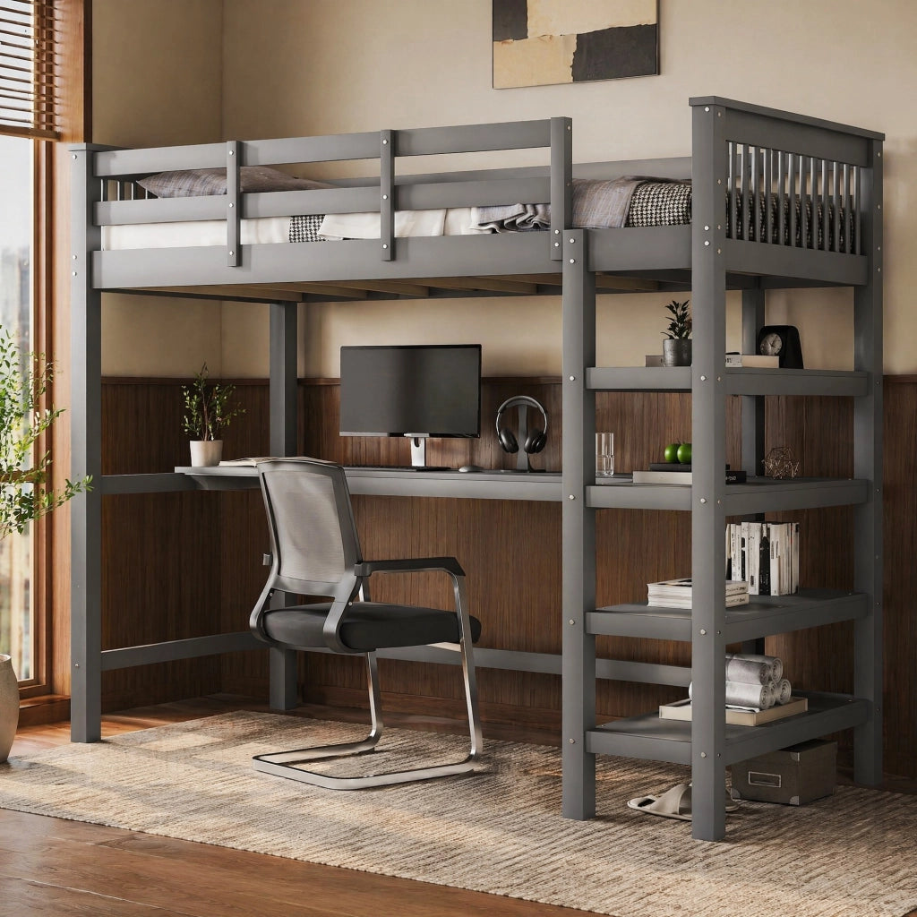 LETTO A CASTELLO ALTO con scrivania e ripiani 90 x 200 cm pino e MDF grigio