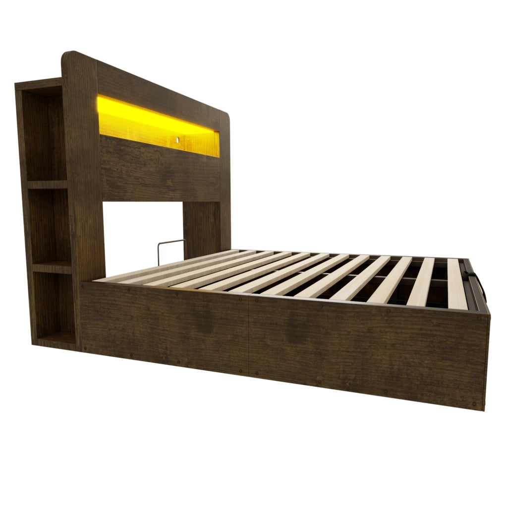 Letto contenitore 140x200 in legno con testiera LED e prese integrate