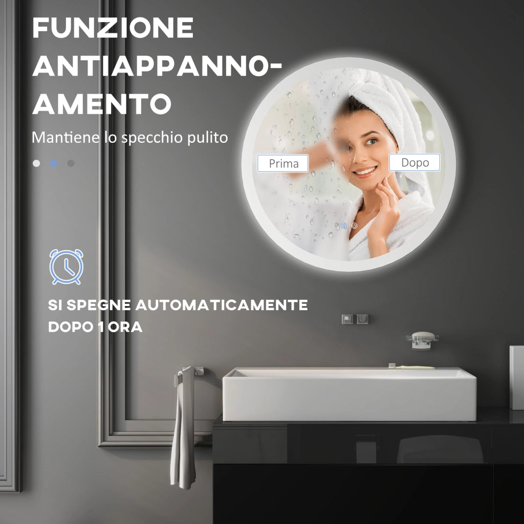 Specchio Bagno LED Antiappannamento ¨C Xylo ¨C Metallo e Vetro, 3 Colori Regolabili, ?70x3 cm