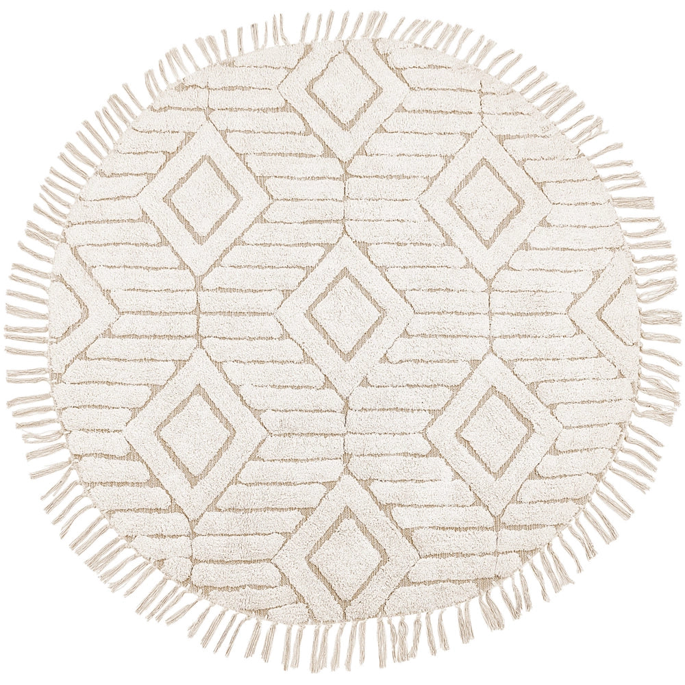 Tappeto rotondo in cotone beige ⌀ 140 cm trapuntato con motivo a frange boho soggiorno camera da letto