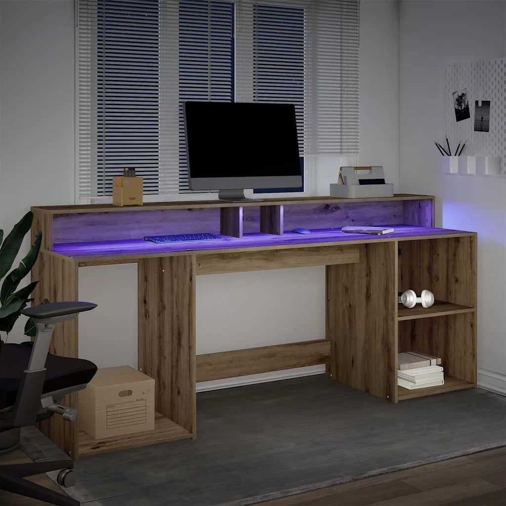 Scrivania | Tavolo da Ufficio con LED Rovere Artigianale 200x55x91 cm in Truciolato