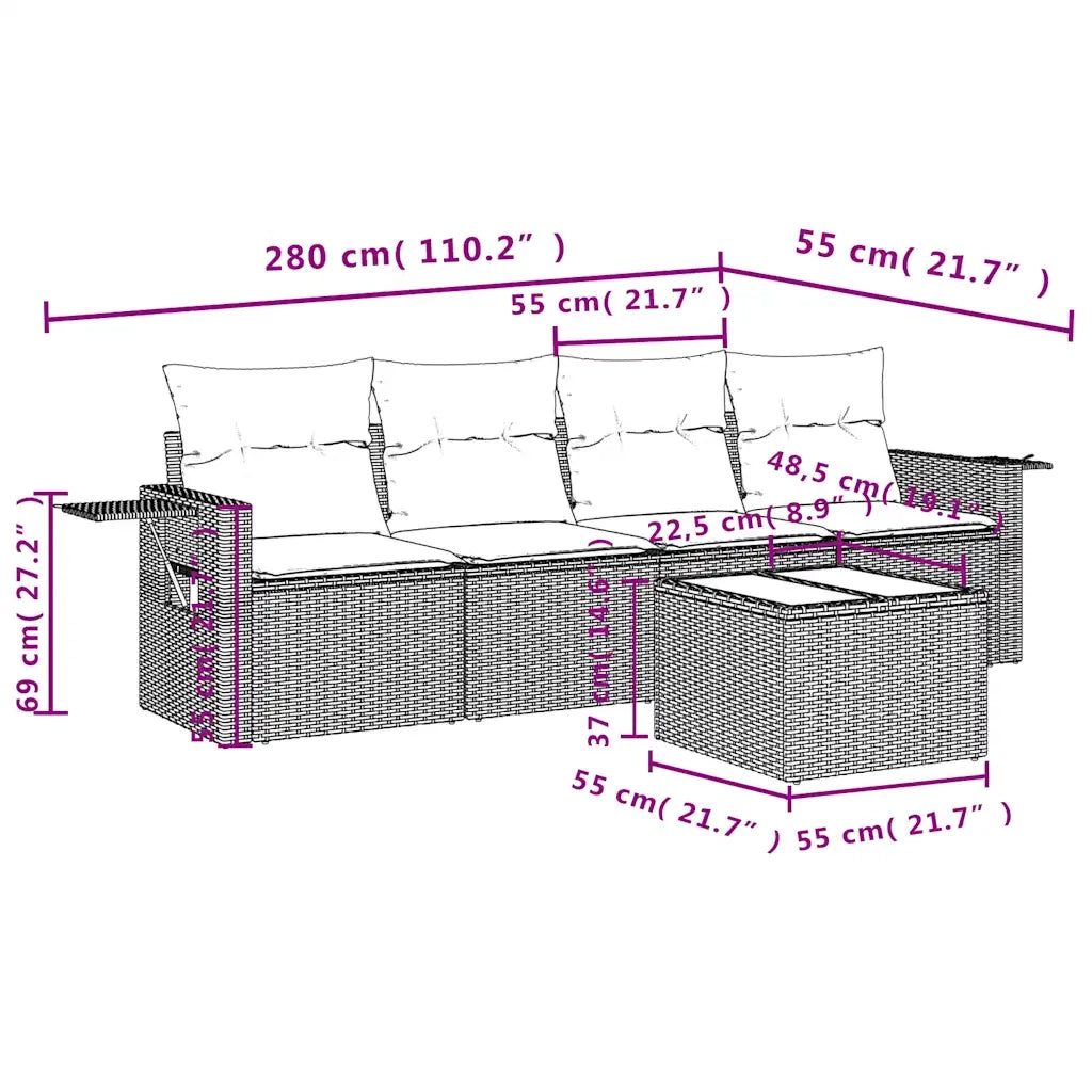 Set Divano da Giardino 5 pz con Cuscini Marrone in Polyrattan