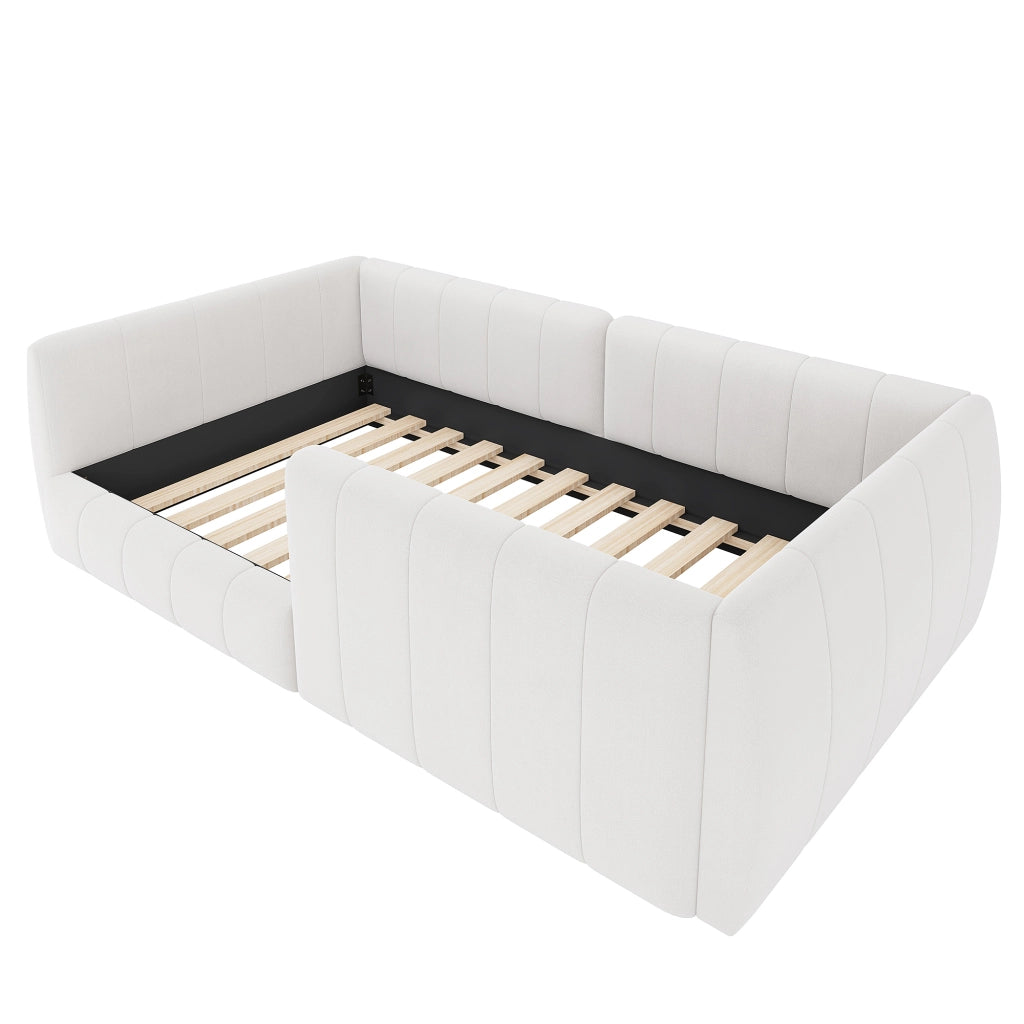 Letto singolo imbottito 90×200 cm con testiera e barriera di sicurezza; senza materasso; MDF e velluto; beige