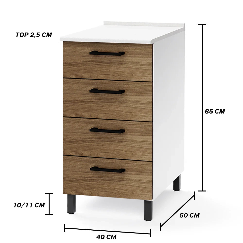 Cassettiera per cucina componibile da 40 cm con 4 cassetti, realizzata in legno 100% MADE IN ITALY colore Noce