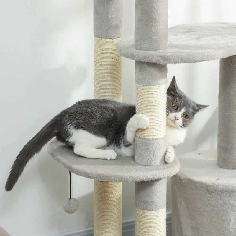 TIRAGRAFFI per gatti 114 cm con piattaforme, sisal e casetta, grigio chiaro