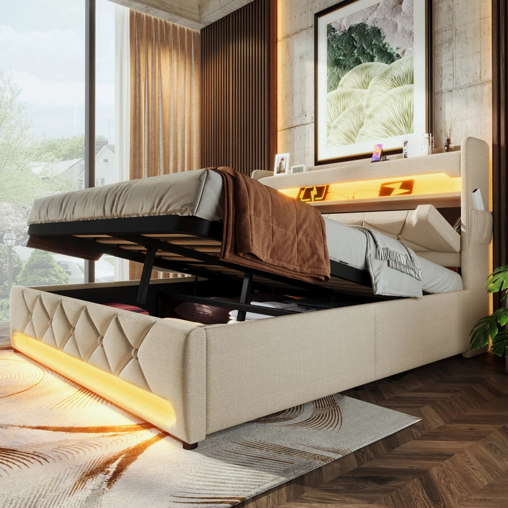 Letto matrimoniale contenitore 160x200 cm con testiera USB-C; LED su testiera e pediera; rivestimento in lino beige