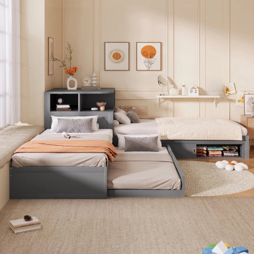 Letto singolo con letto estraibile 90x200 cm LEMONMAX, contenitore con ante scorrevoli e LED, salvaspazio per cameretta, pino e MDF, grigio