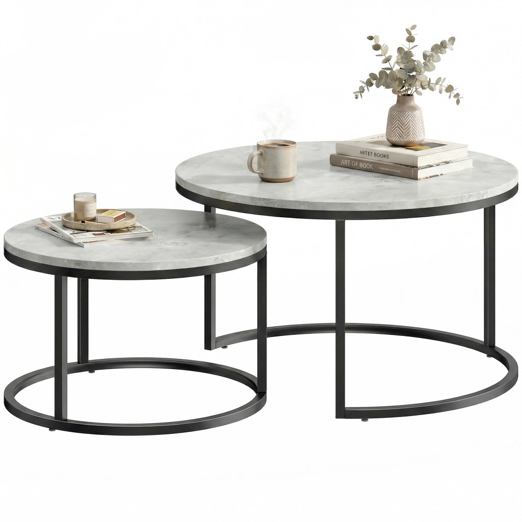 Tavolino da caff¨¨ rotondo effetto marmo ¨C Minimal ¨C 2 pezzi telaio metallo grigio