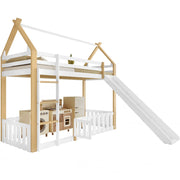 Letto a castello bambino 90×200 cm con scivolo; tetto e spazio libero; senza materasso; bianco naturale