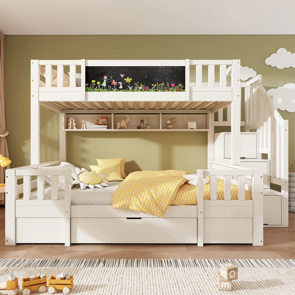 OKWISH Letto a Castello 90×200 cm e 140×200 cm, Letto 3 Posti con Contenitore, 2 Cassetti e Lavagna, senza Materasso, Bianco