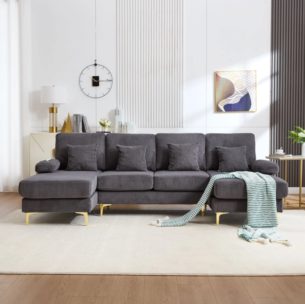 Divano U 265x135x88 cm con LED; USB e cuscini in velluto grigio