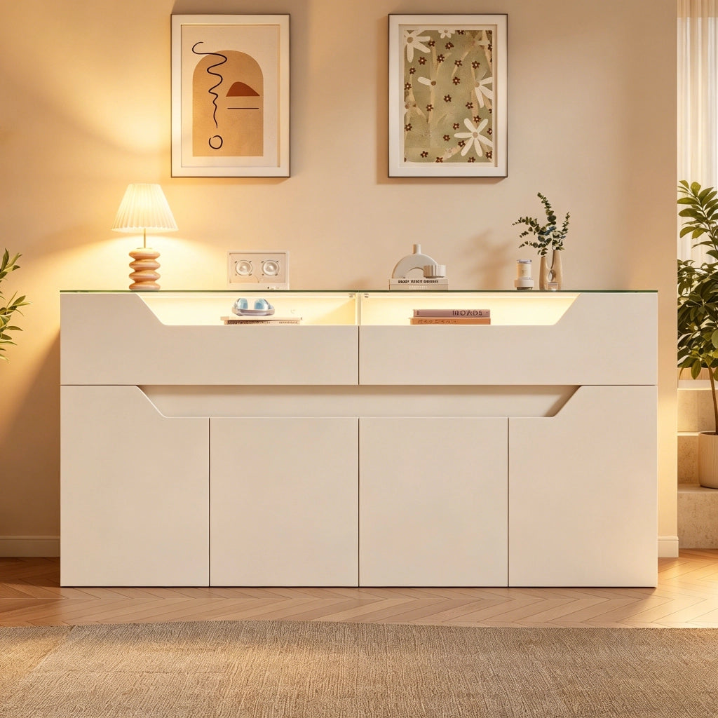 Madia con 2 cassetti e piano in vetro temperato con LED per soggiorno e ingresso; in MDF; bianco; 140×40×70 cm