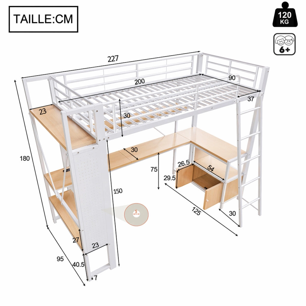 DESMIU Letto a soppalco singolo con scrivania, LED regolabile, USB e vani 90 × 200 cm, senza materasso