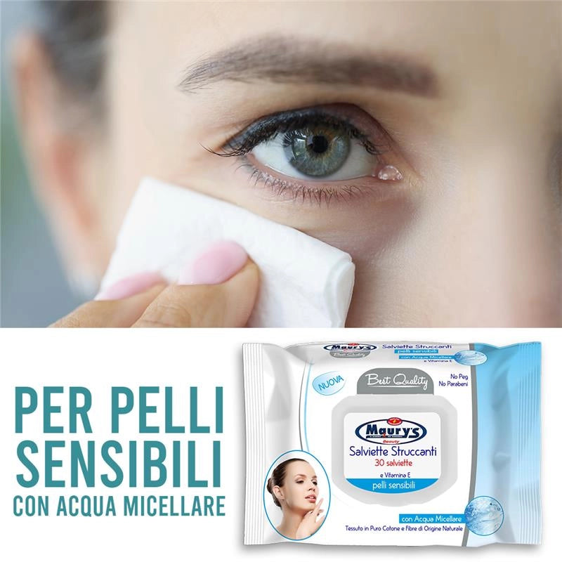 MAURY'S SET 3CF SALVIETTE DETERGENTI UMIDIFICATE STRUCCANTI 3IN1 30PZ PELLI SENSIBILI