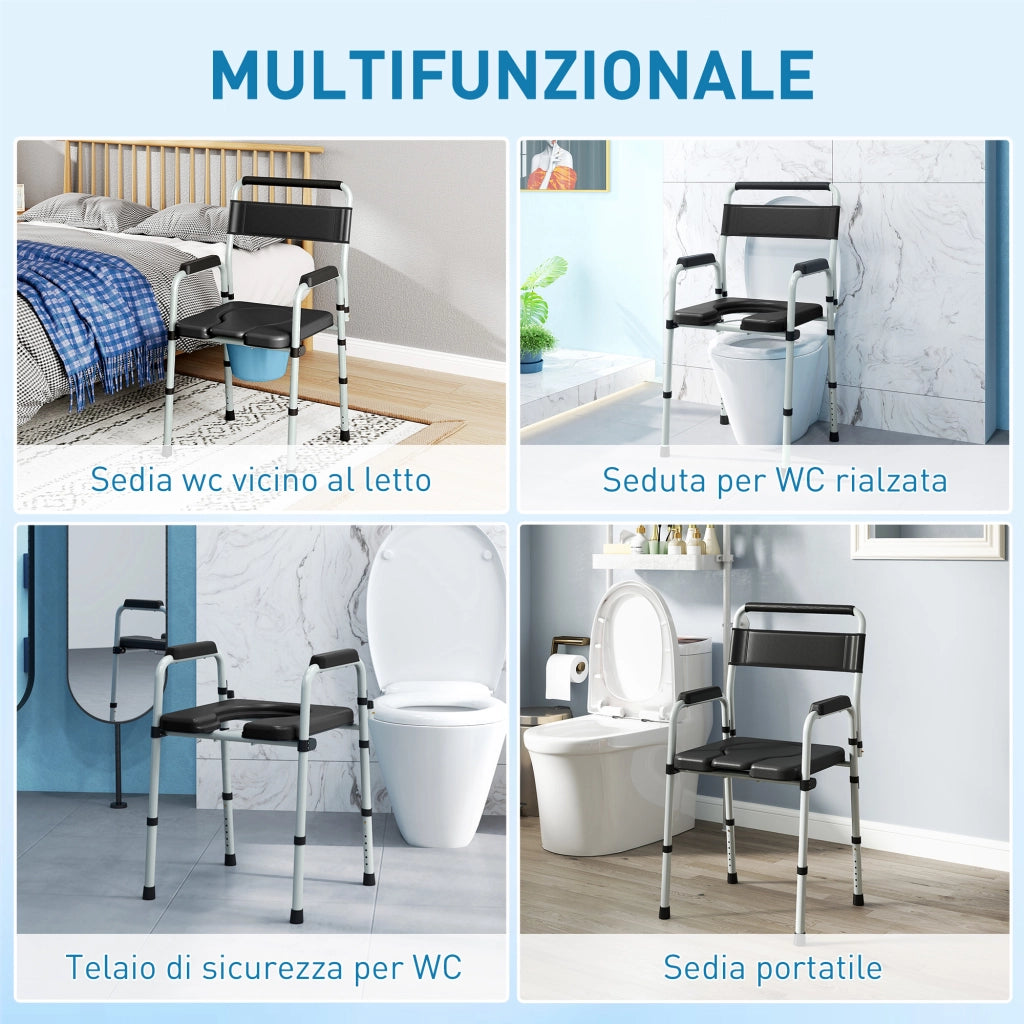 Sedia WC Pieghevole con Braccioli e Schienale ¨C Xylo ¨C Acciaio e Pelle PU Nero 52.5x46x81.5-97cm