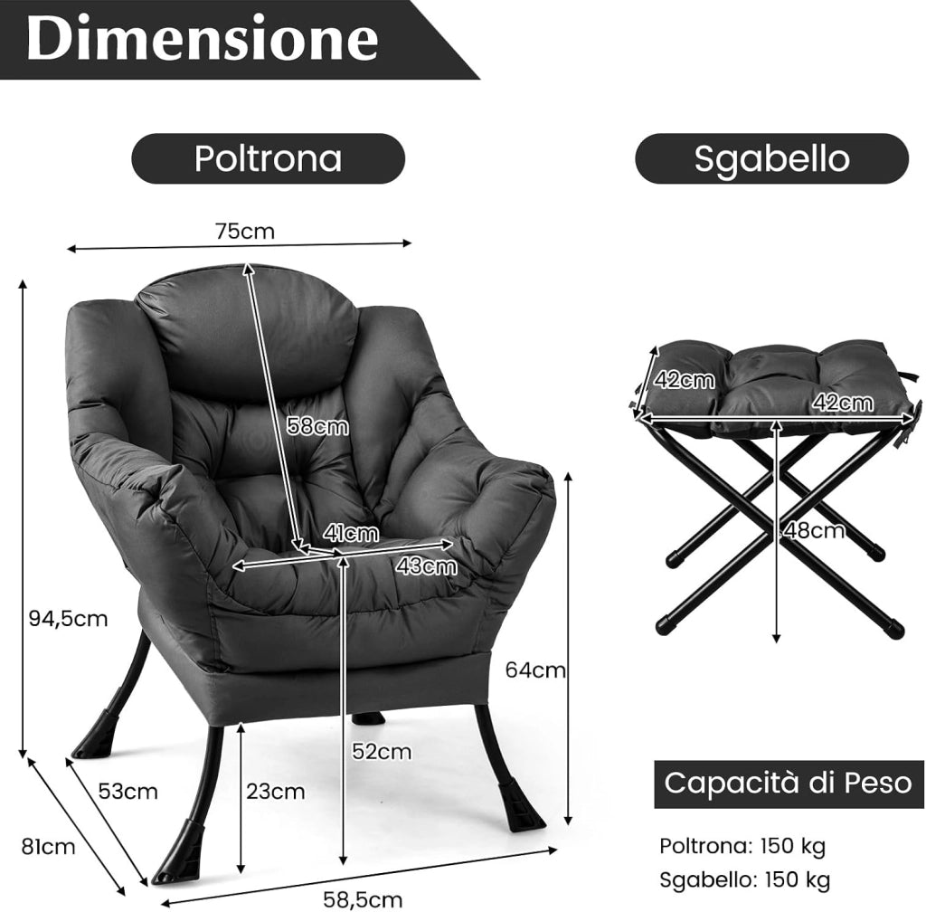 Poltrona Pigra con Poggiapiedi, Poltrona da Lettura Moderna con Cuscino, Braccioli, Poltrona d'Accento per Soggiorno, Camera da Letto, Ufficio e Esterno (grigio)