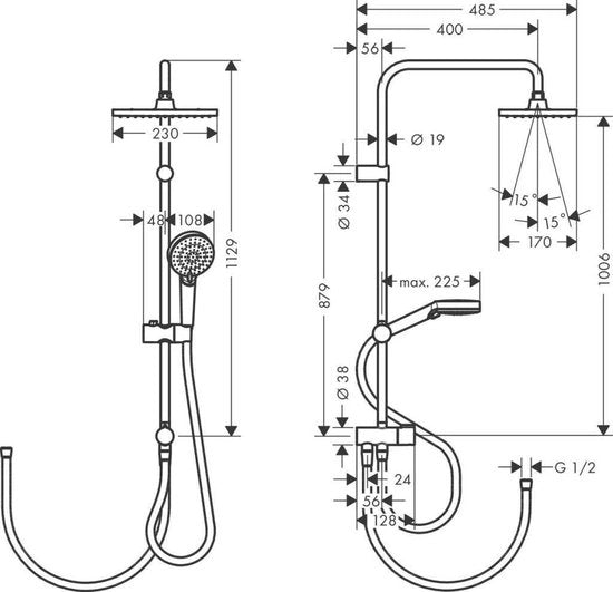 Sistema di drenaggio per la doccia - Dimensioni 230 x 170 mm - Nero lucido - Renovazione - 1 tipo di getto doccia regolabile senza rubinetto