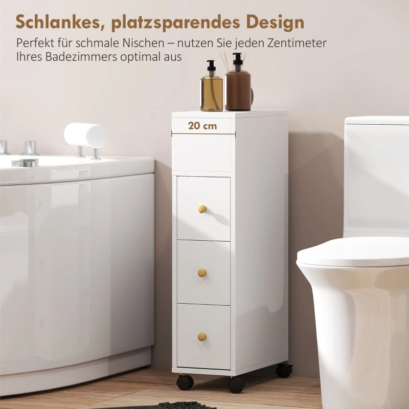 Mobiletto da bagno stretto, con 4 ruote, 3 cassetti, 5 vani a giorno, 20x40x80 cm, bianco.